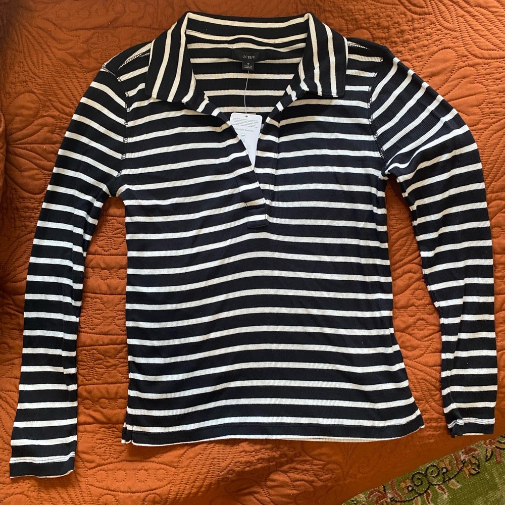 J. Crew Black and White Striped Long Sleeve Collared Shirt